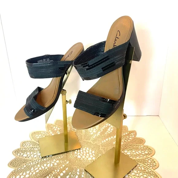 Clarks Womens Black Leather Two Strap Block Heel Slide Sandals Size 7.5M 13276 - Picture 3 of 8